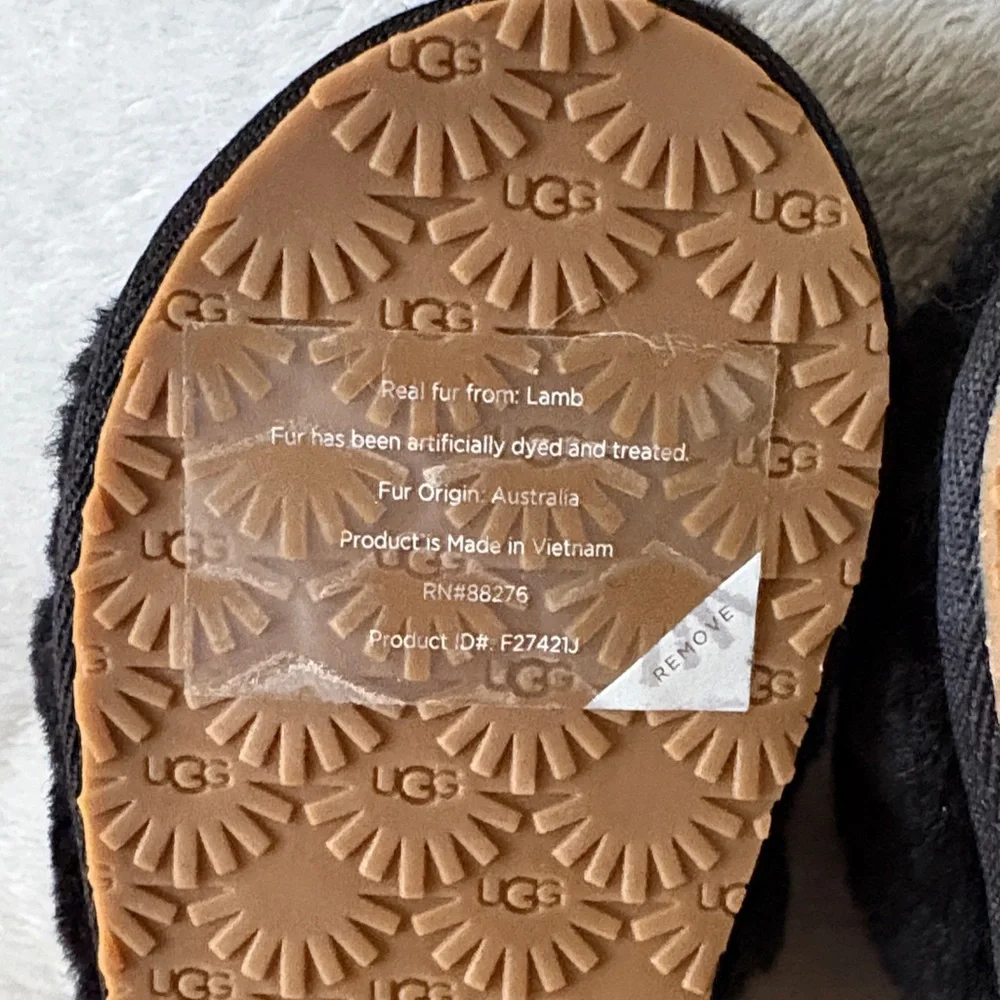 UGG Kids Black Furry Slide Sandals with Branded Heel Strap